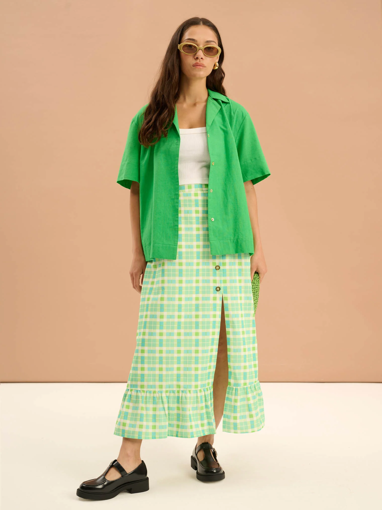 Adria Check Print Side Button Frill Hem Skirt in Green - Image 2