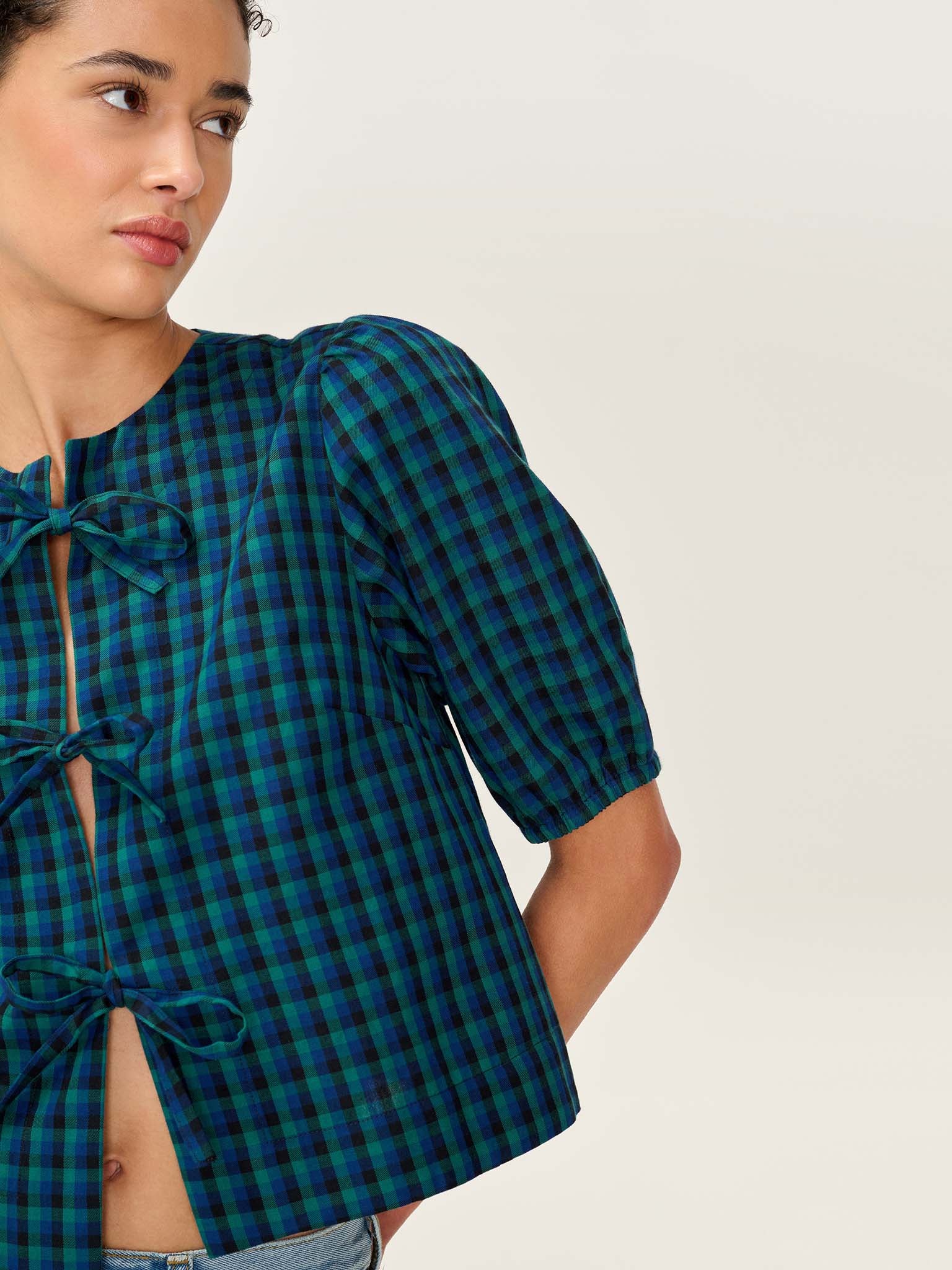Apollo Blouse in Blue and Green Check - Image 6