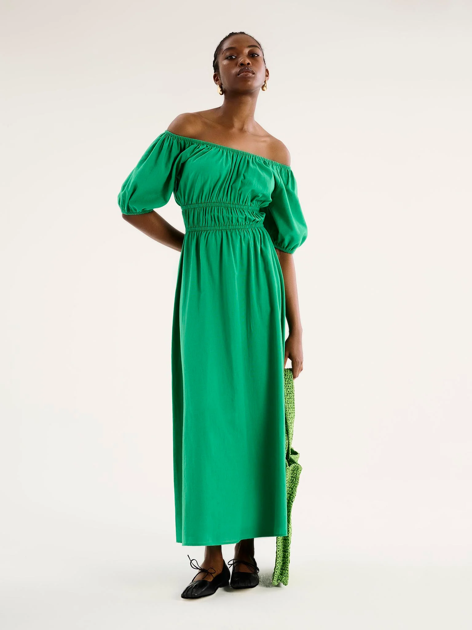 Arya Shirred Detail Round Neck Dress in Green - Image 3