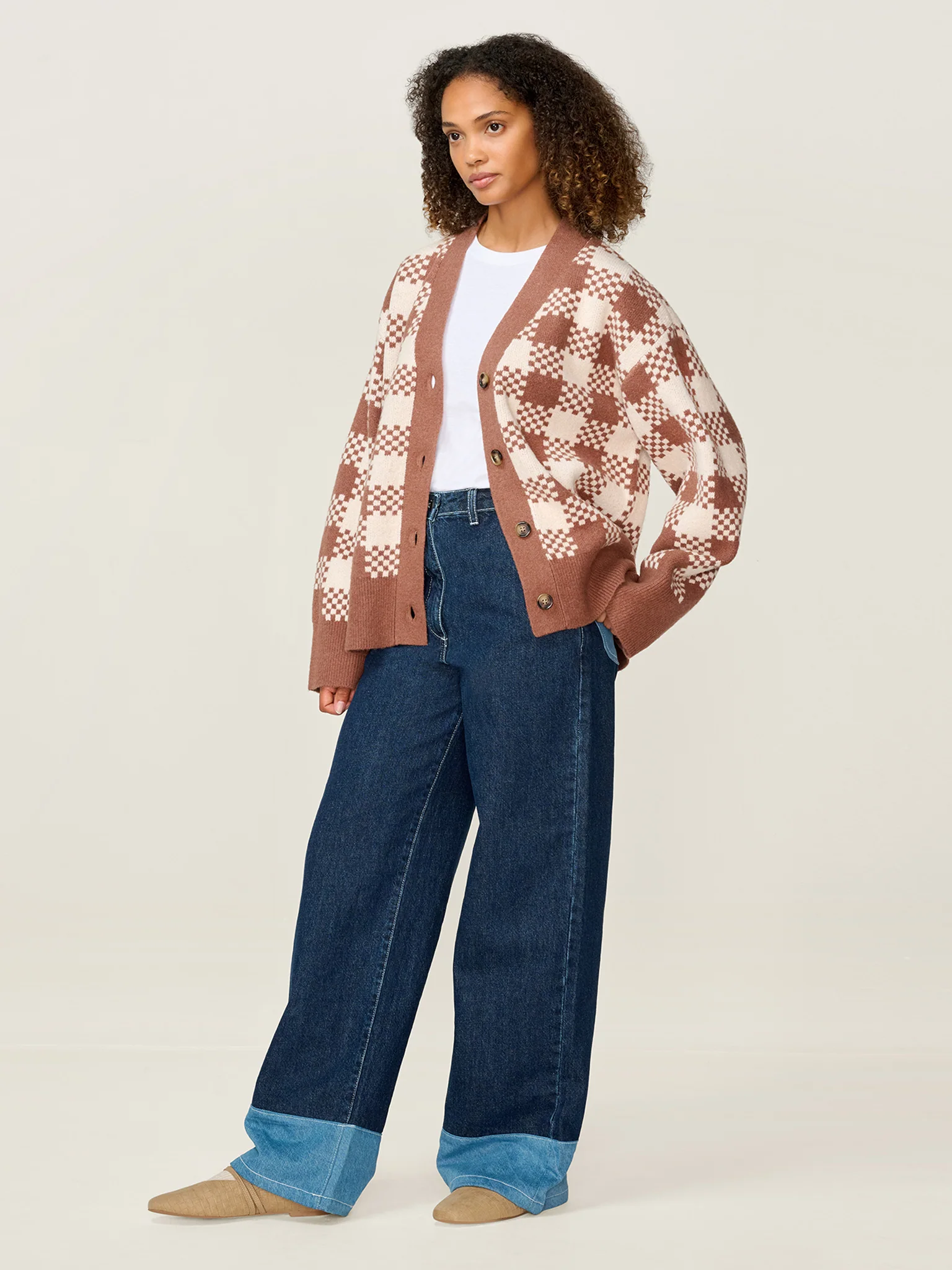 Athena Check Cardigan in Brown and Cream - Image 2