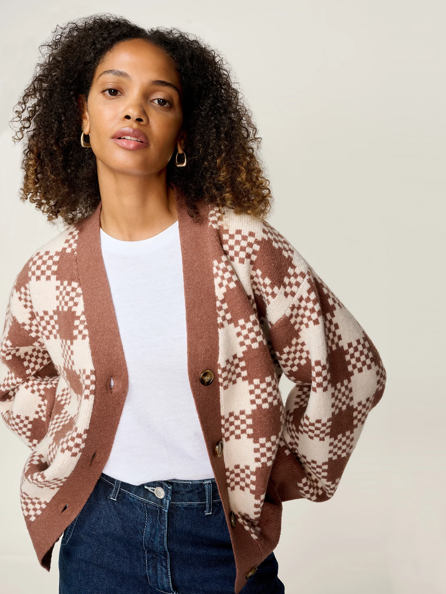 Athena Check Cardigan in Brown and Cream - Image 3