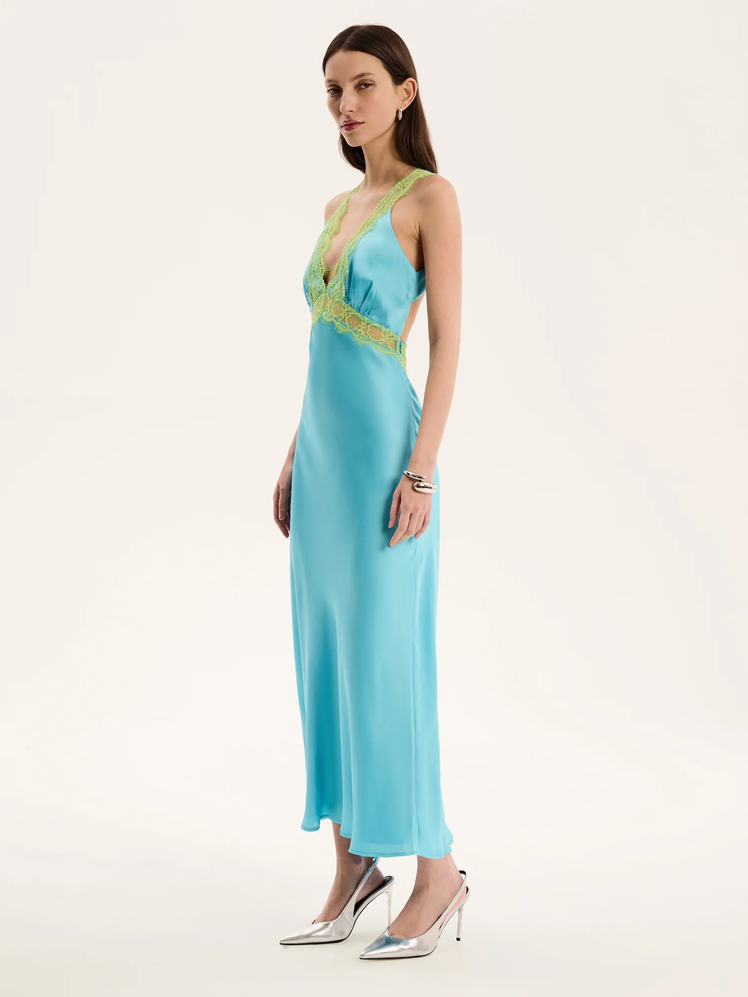 Aurelia Lace Trim Maxi Dress in Turquoise and Green - Image 4