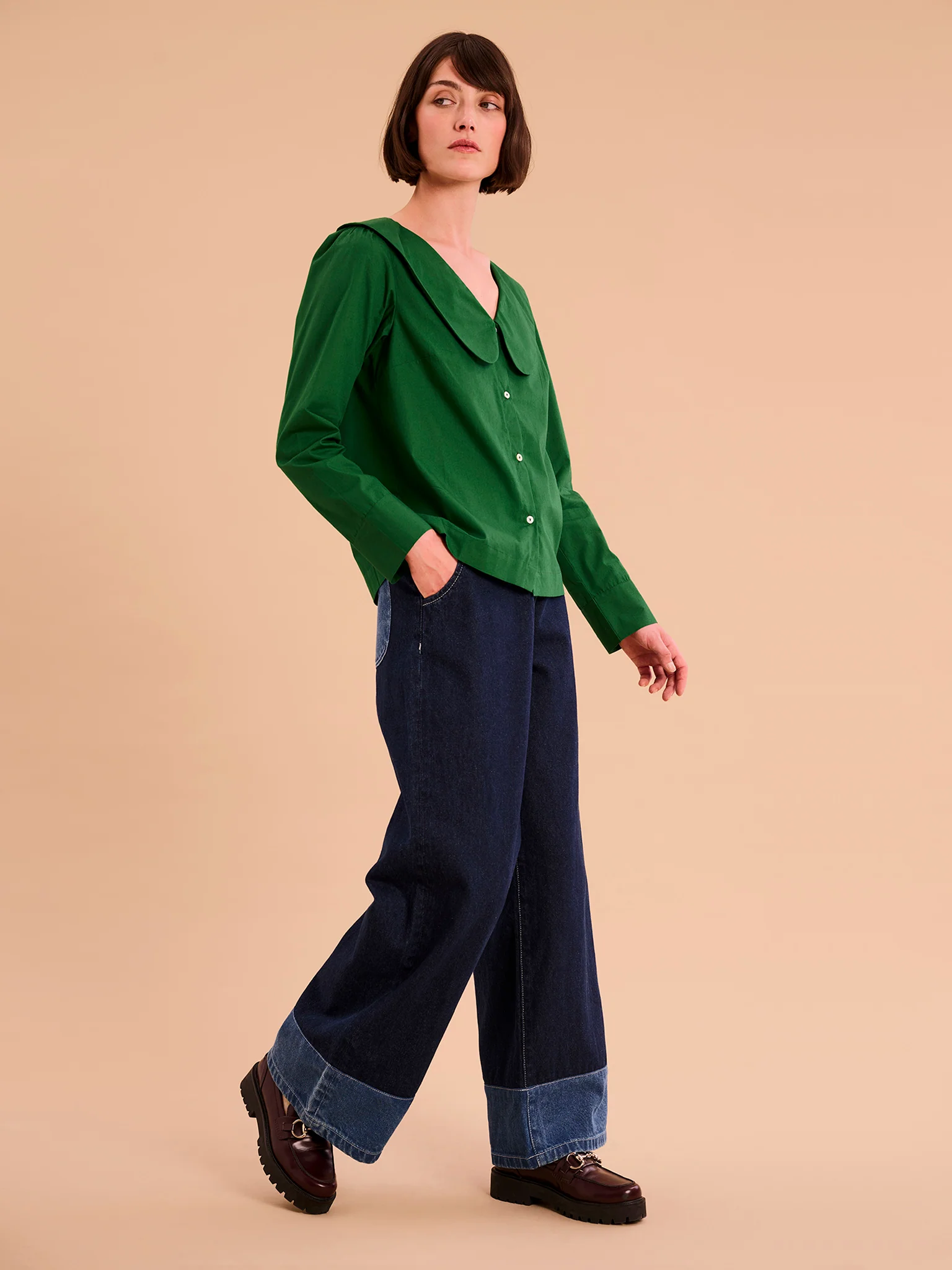 Caitlin Oversized Collar Blouse in Green - Image 2