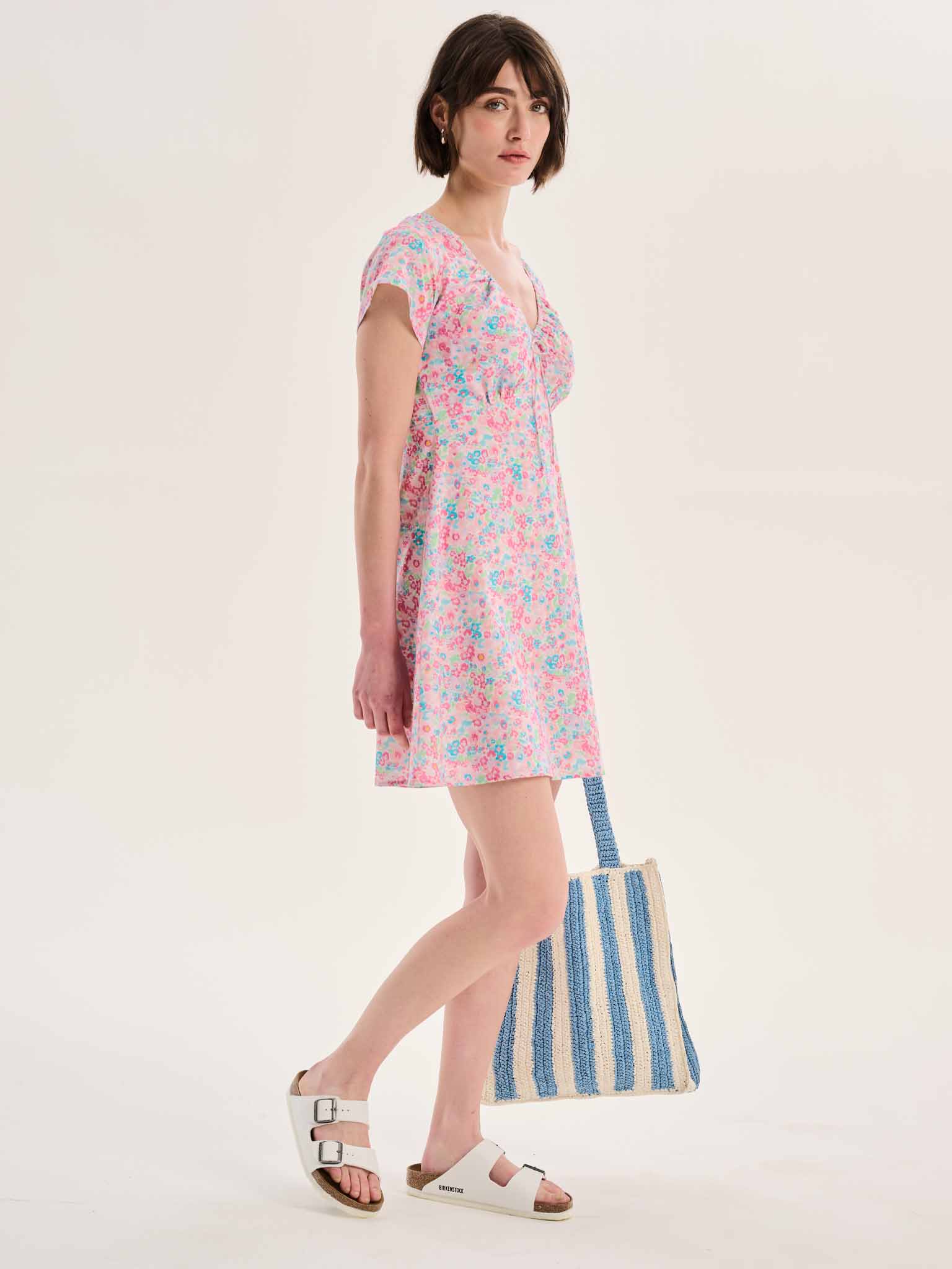 Dotty V Neck Ruched Mini Dress in Floral Print - Image 4