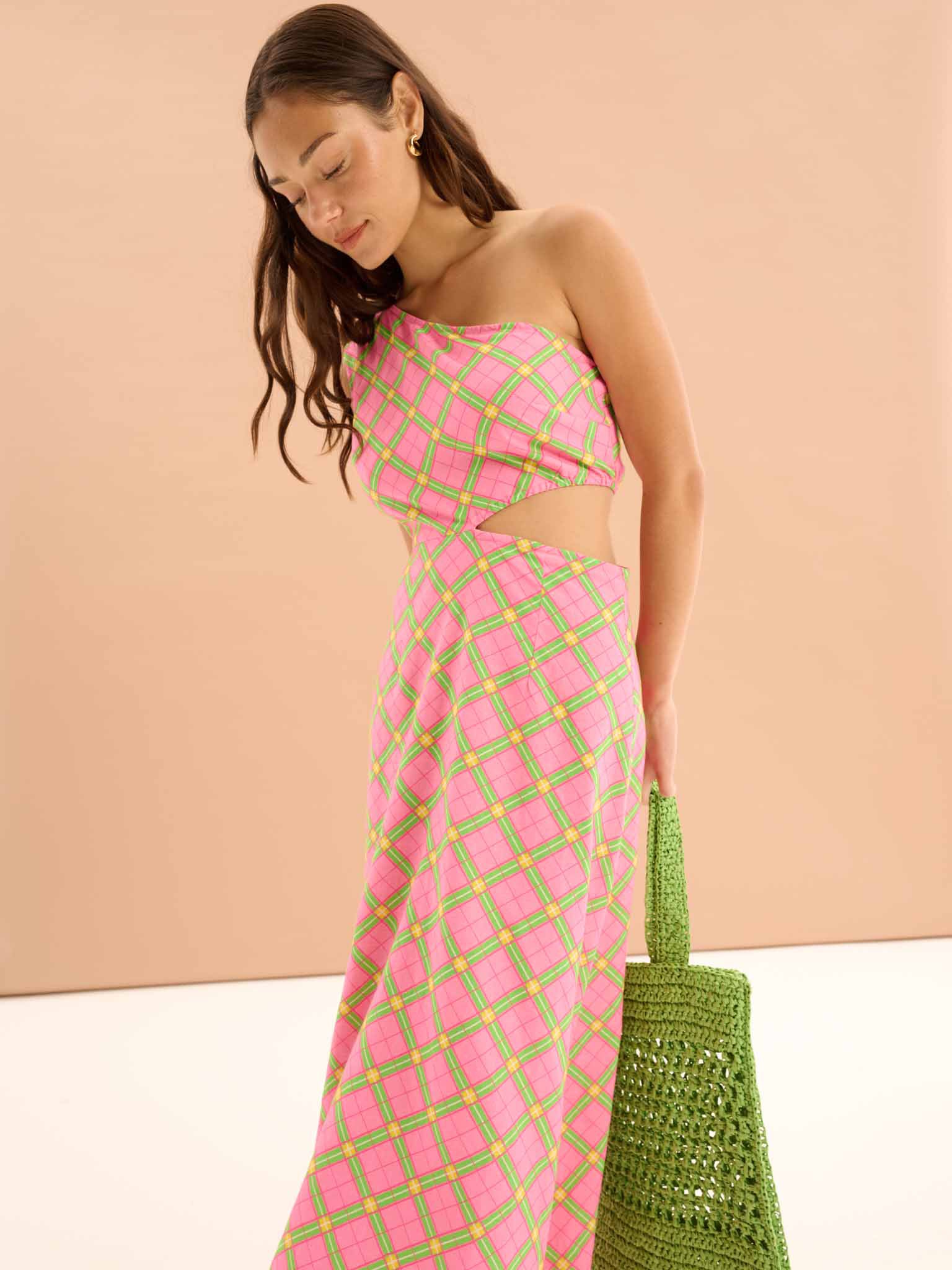 Evaline Check Print One Shoulder Dress - Image 2