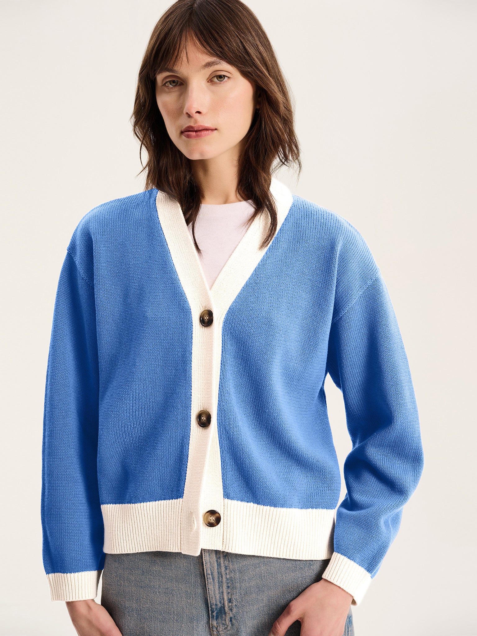 Henni Cotton Cardigan in Blue and Cream - Image 3