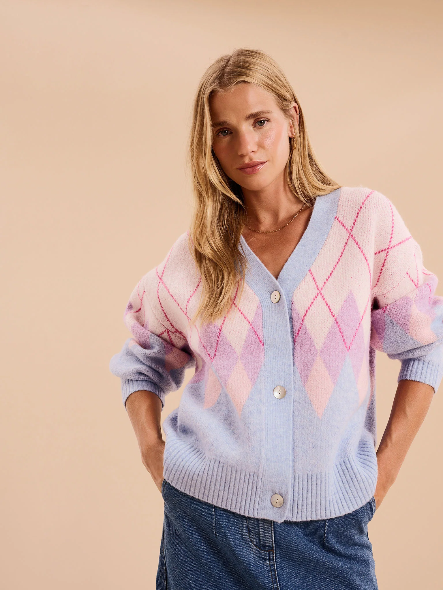 Henni Fluffy Argyle Cardigan in Cream - Image 3