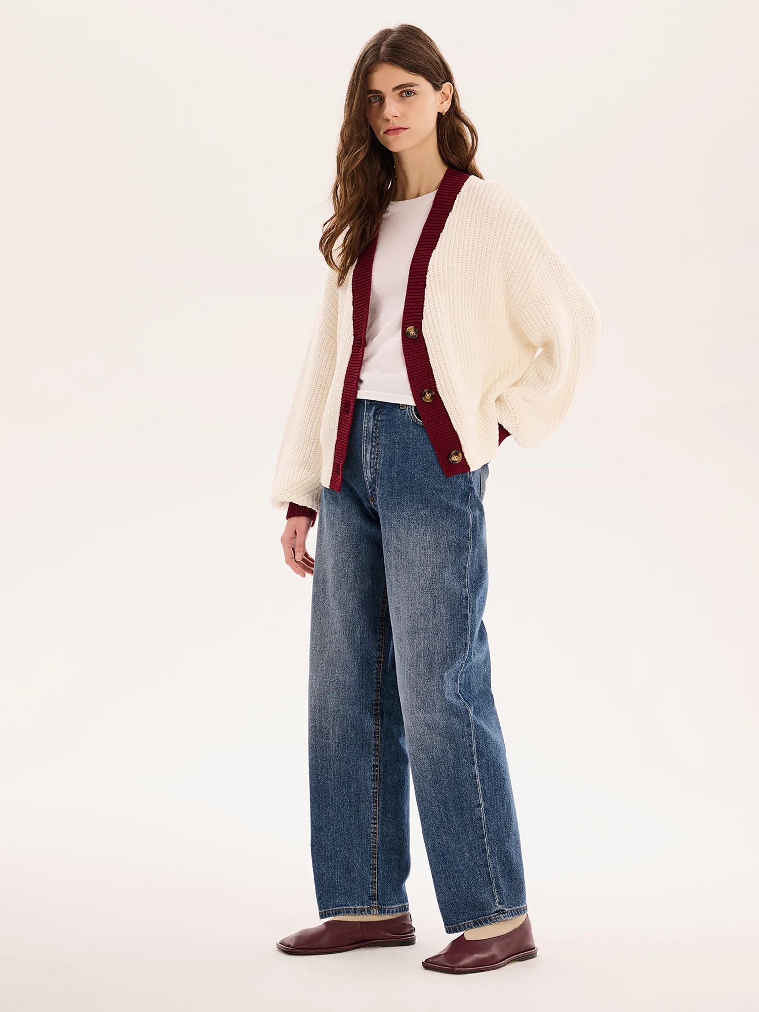 Hopper Cotton Cardigan in Cream/Burgundy - Image 2