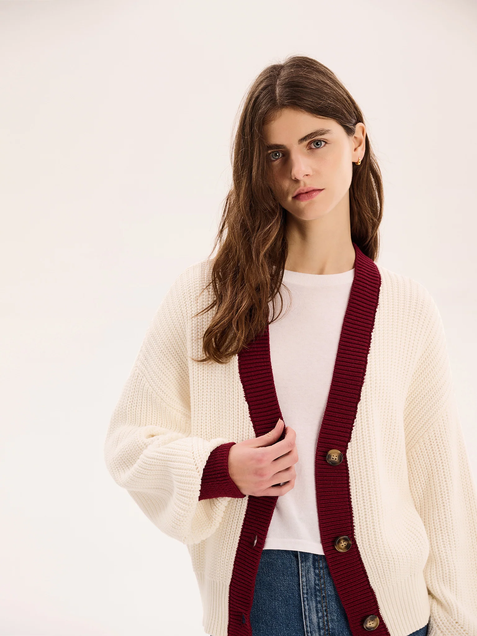 Hopper Cotton Cardigan in Cream/Burgundy - Image 3