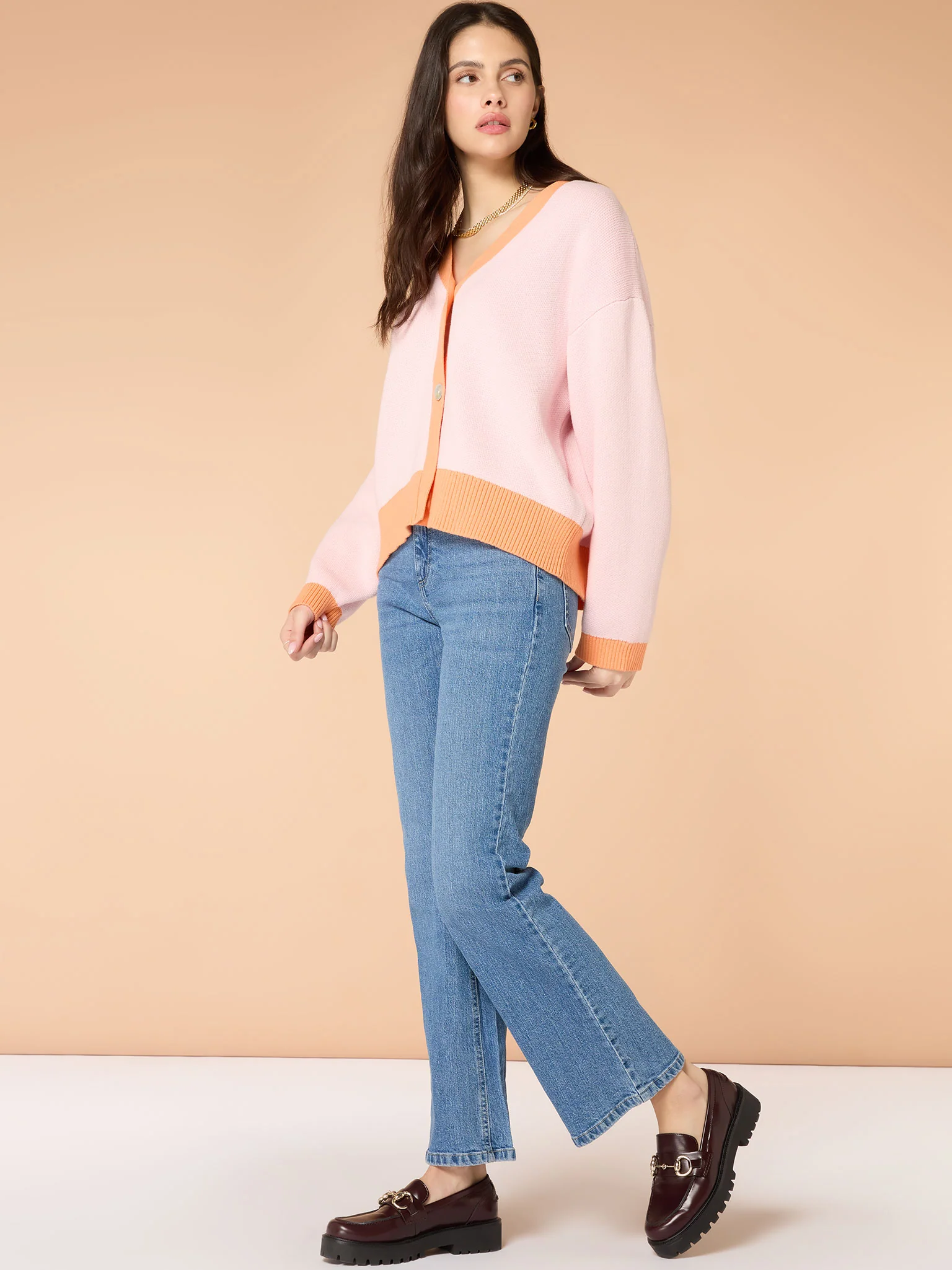 Kayla Knit Cardigan in Pale Pink and Orange - Image 3
