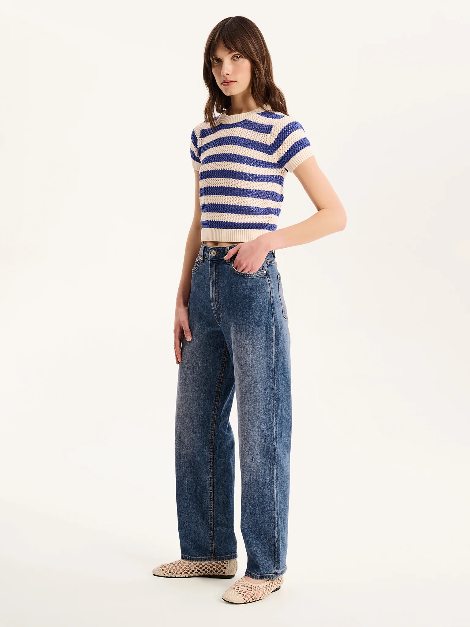 Lexi Stripe Crochet Jumper in Blue and Cream - Image 3
