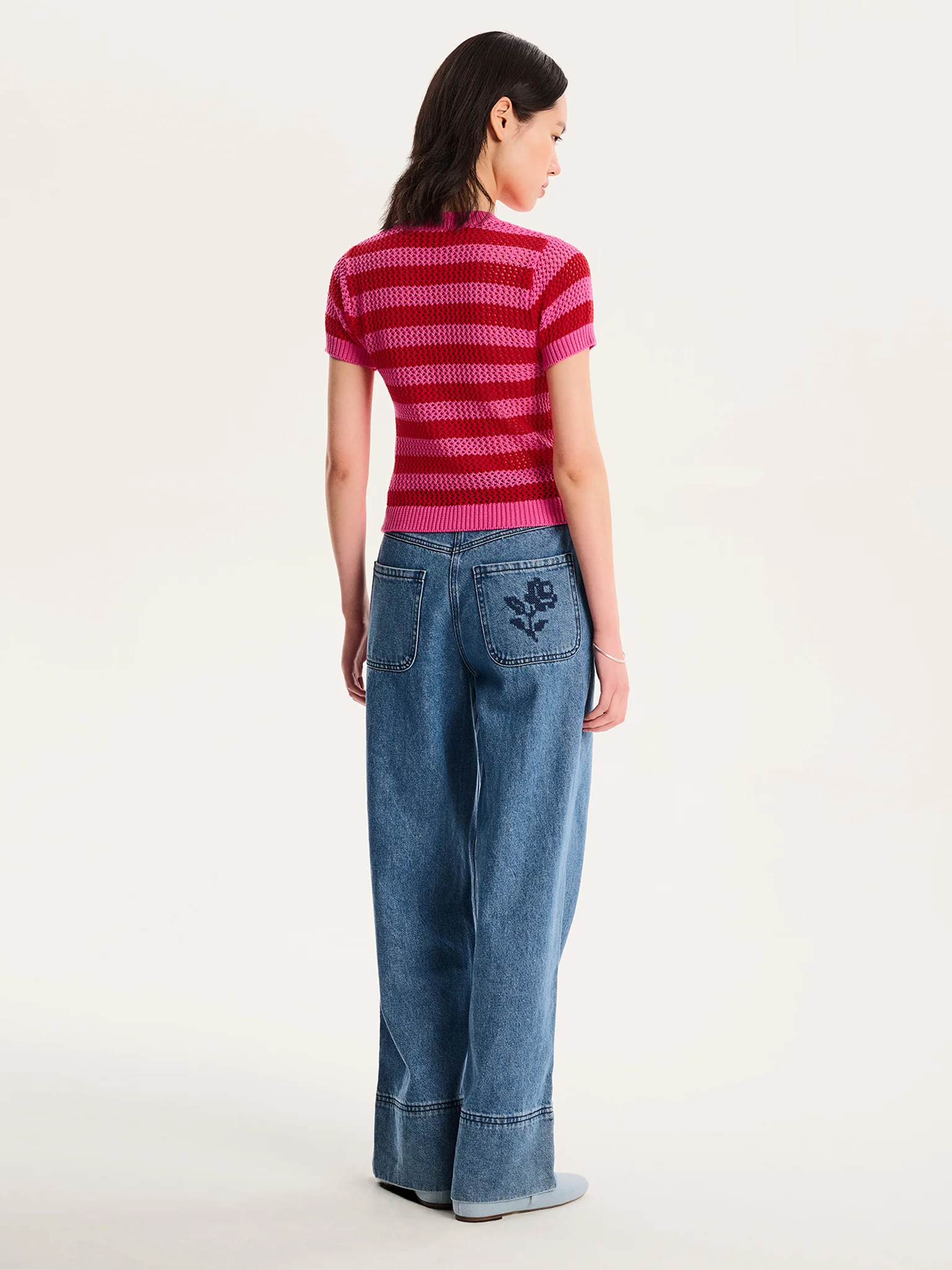 Lexi Stripe Crochet Jumper in Magenta and Red - Image 4