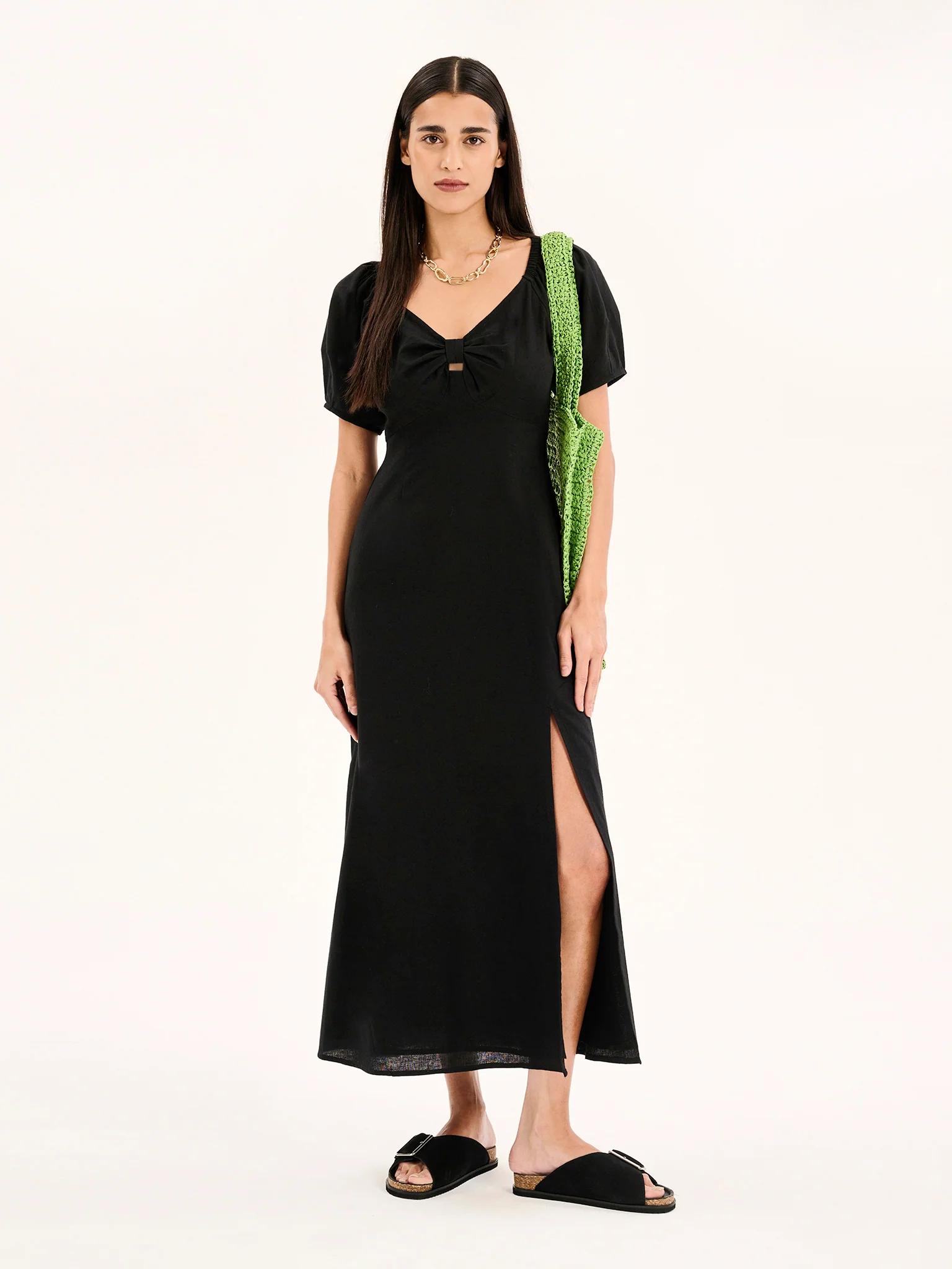 London Linen Bow Detail Midi Dress in Black