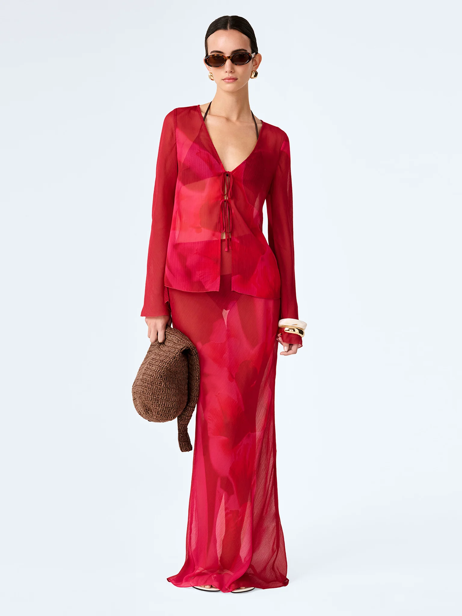 Marla Top in Red and Pink Floral Placement - Image 2