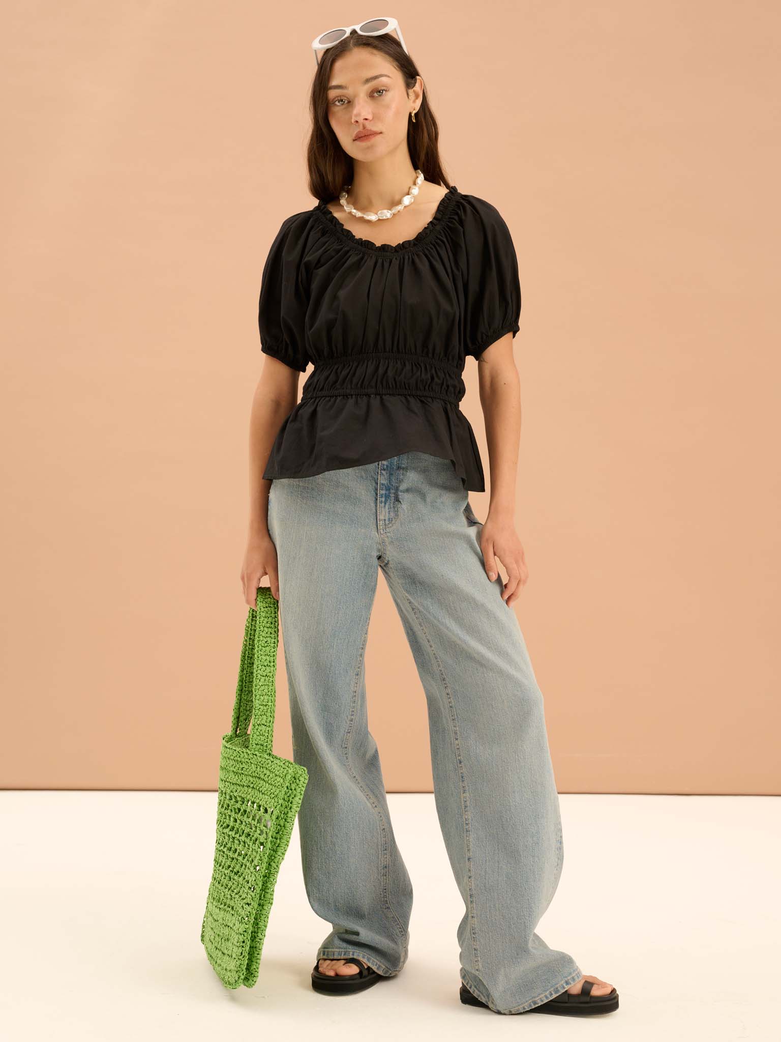 Ola Shirred Detail Short Sleeve Top in Black - Image 3