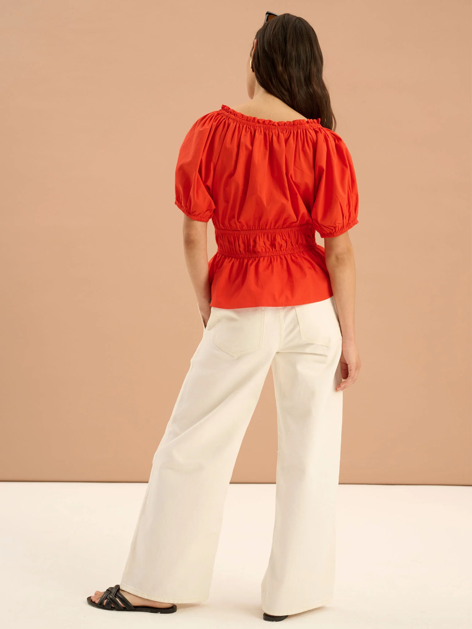 Ola Shirred Detail Short Sleeve Top in Red - Image 3