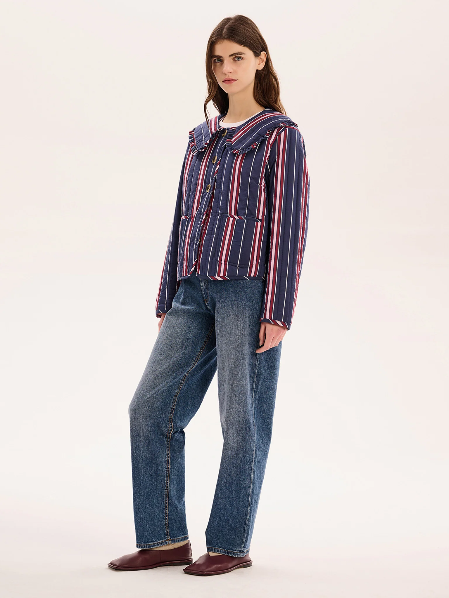 Peggy Quilted Jacket in Navy Stripe - Image 2