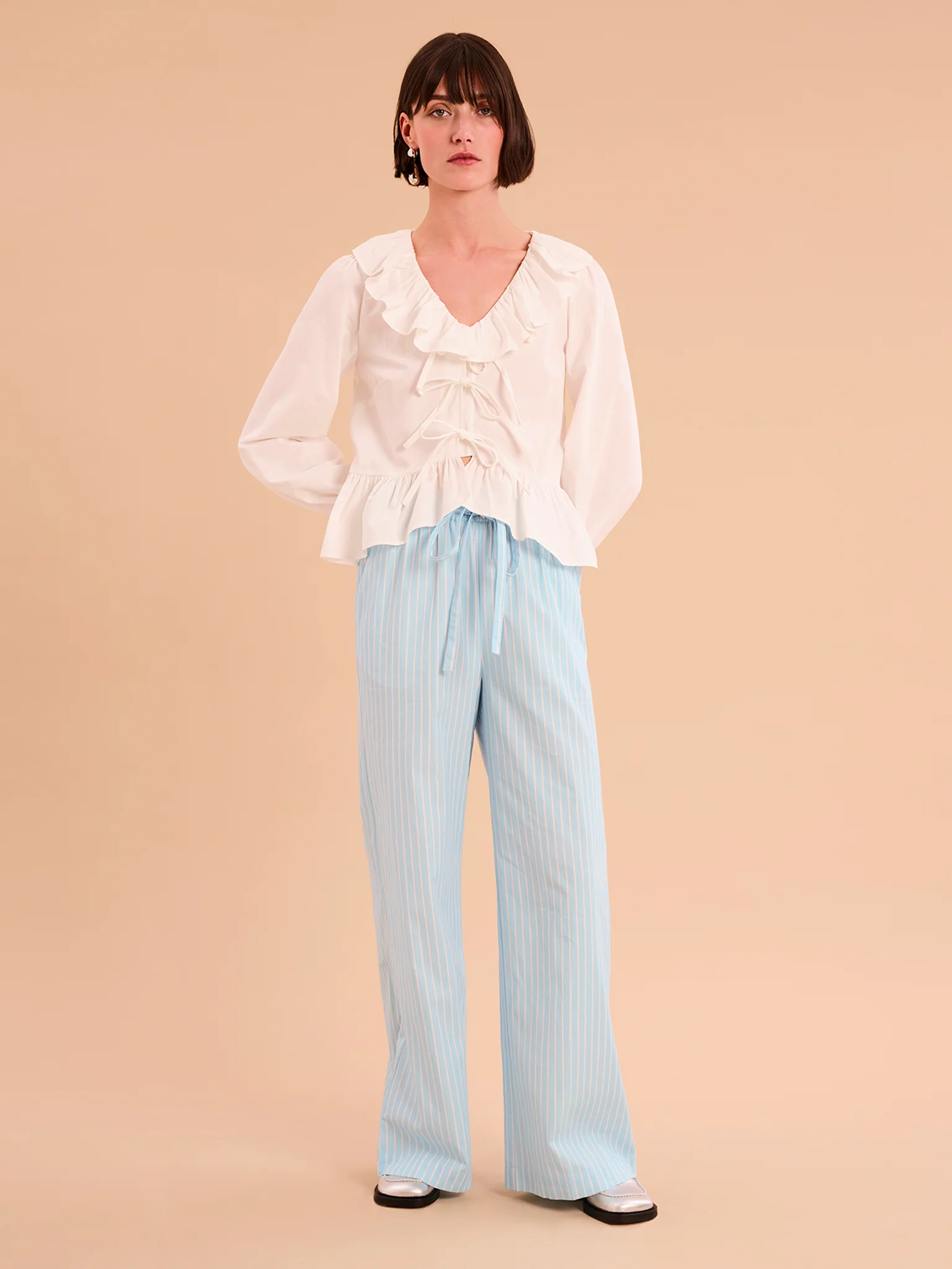 Ramela Elasticated Waist Trouser in Cream and Blue Stripe