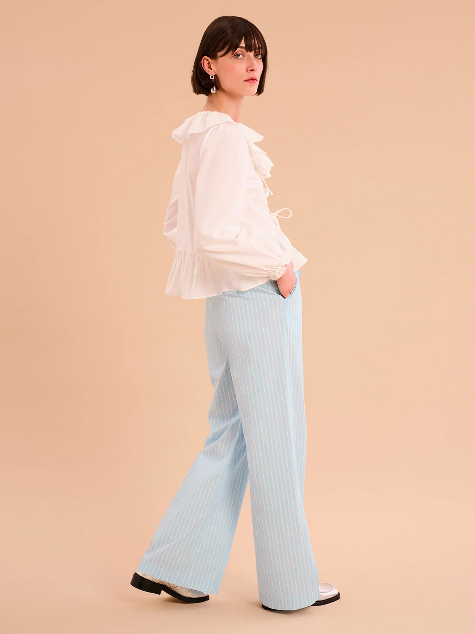 Ramela Elasticated Waist Trouser in Cream and Blue Stripe - Image 2