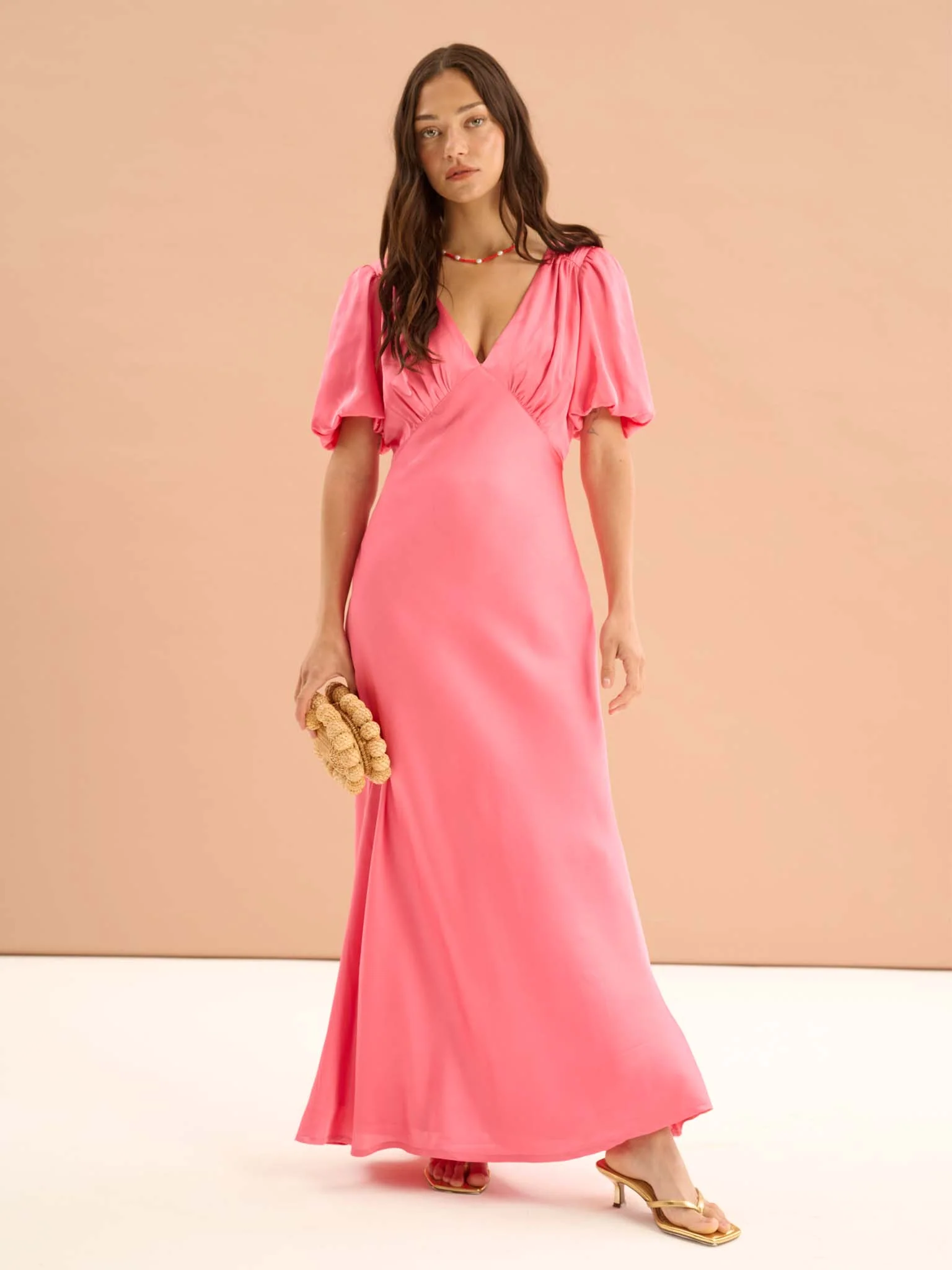 Rosie Ruched Puff Sleeve Dress in Hot Pink