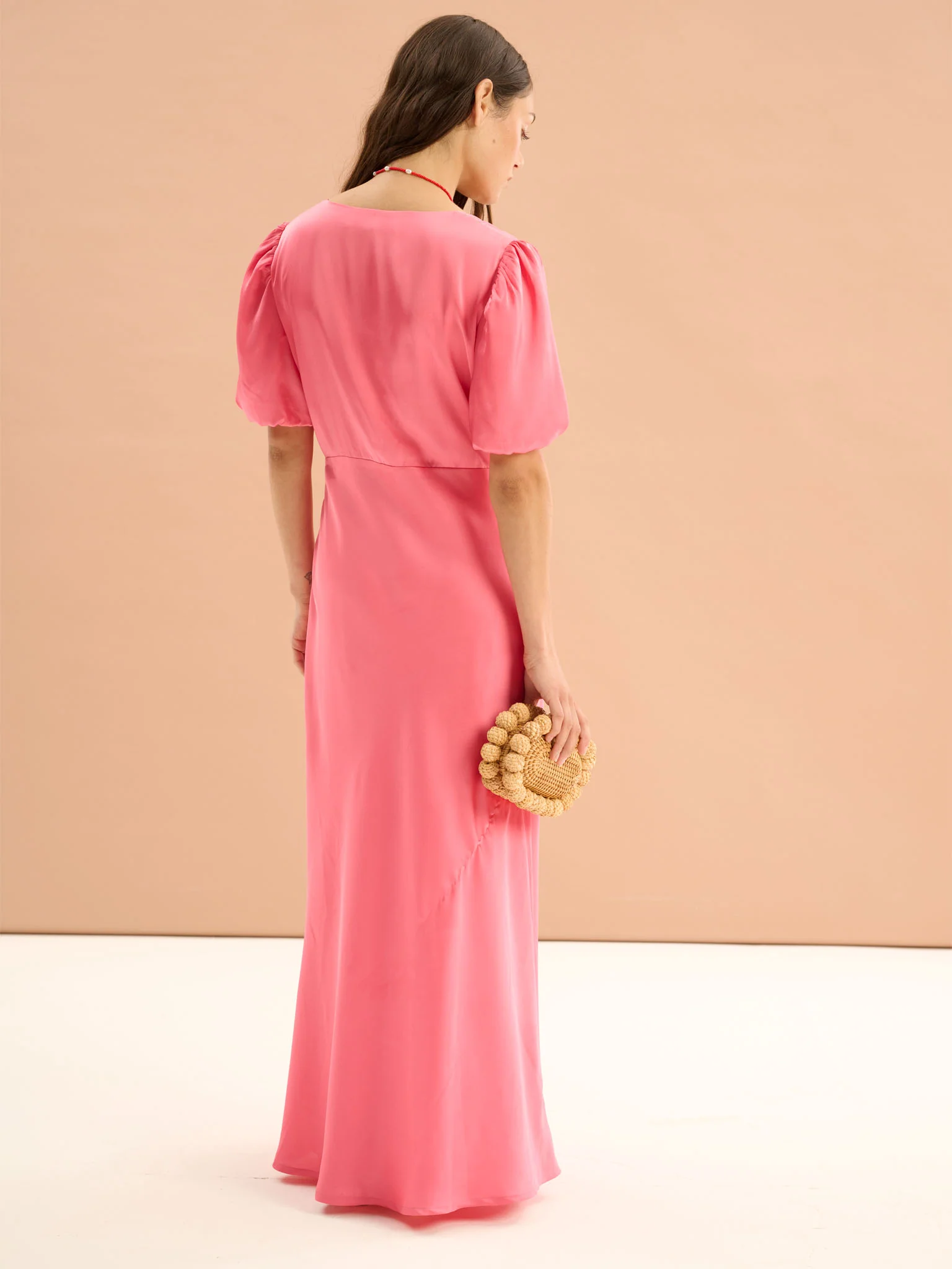 Rosie Ruched Puff Sleeve Dress in Hot Pink - Image 3