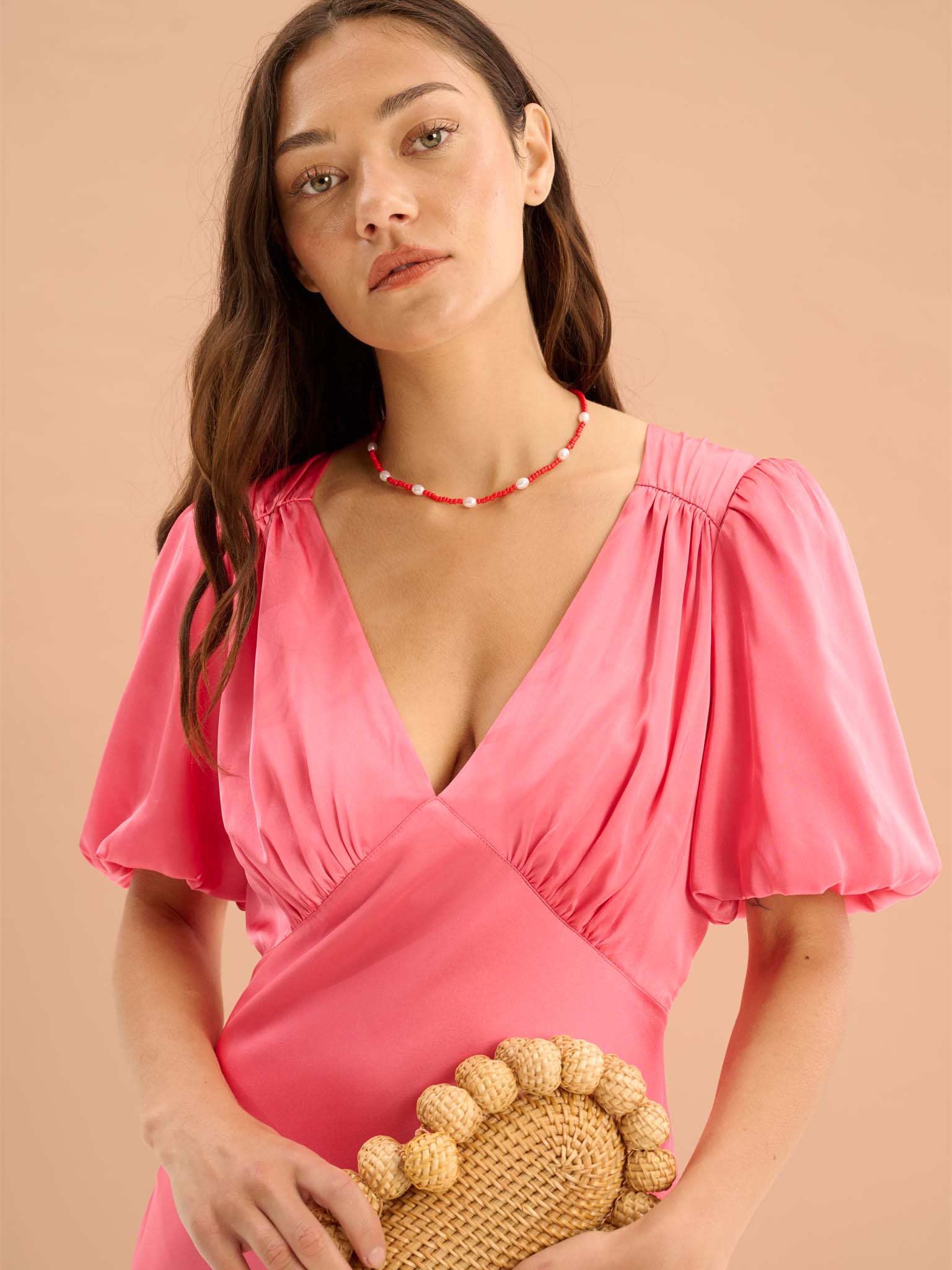 Rosie Ruched Puff Sleeve Dress in Hot Pink - Image 4