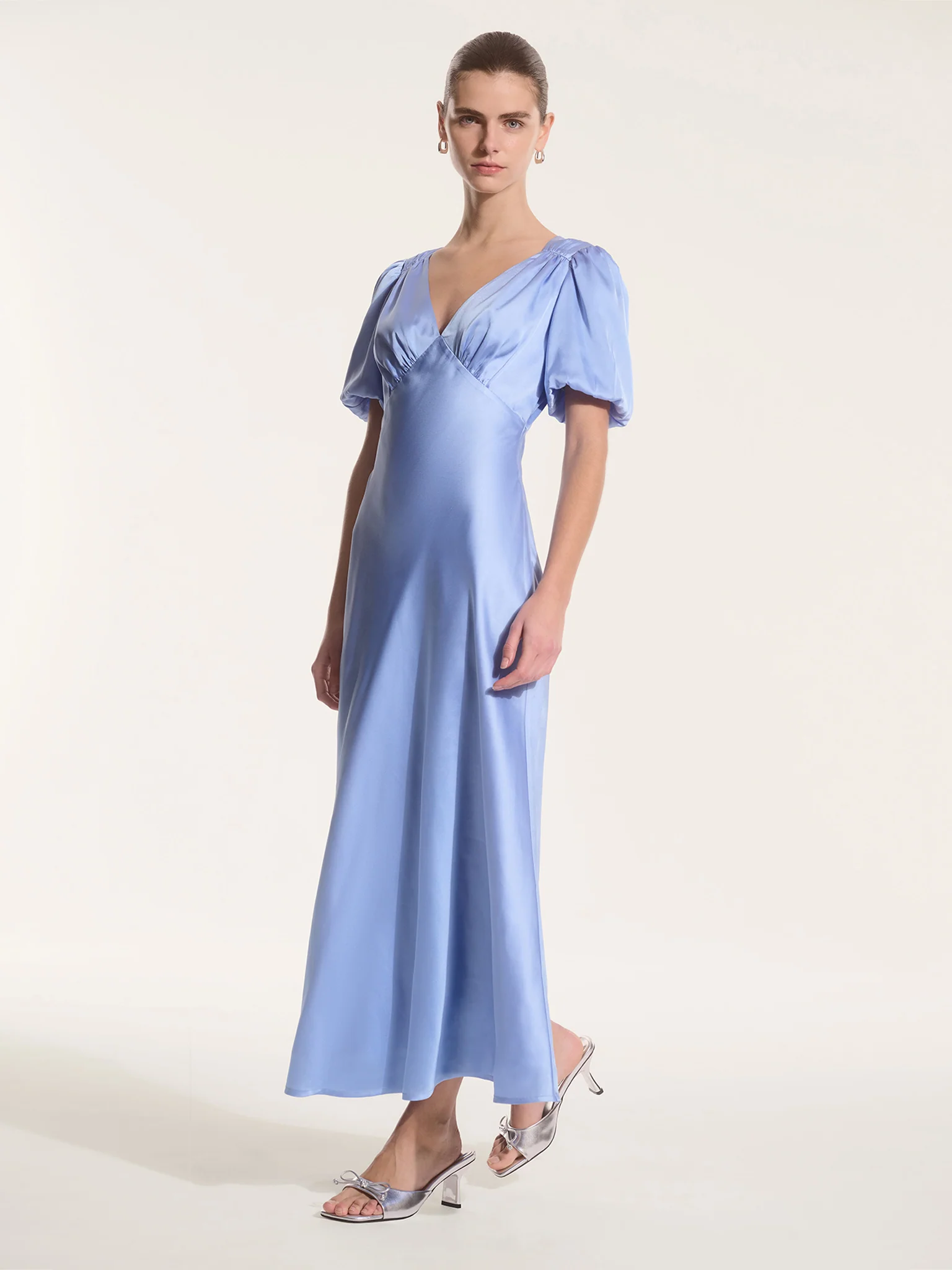 Rosie Ruched Puff Sleeve Dress in Light Blue - Image 3