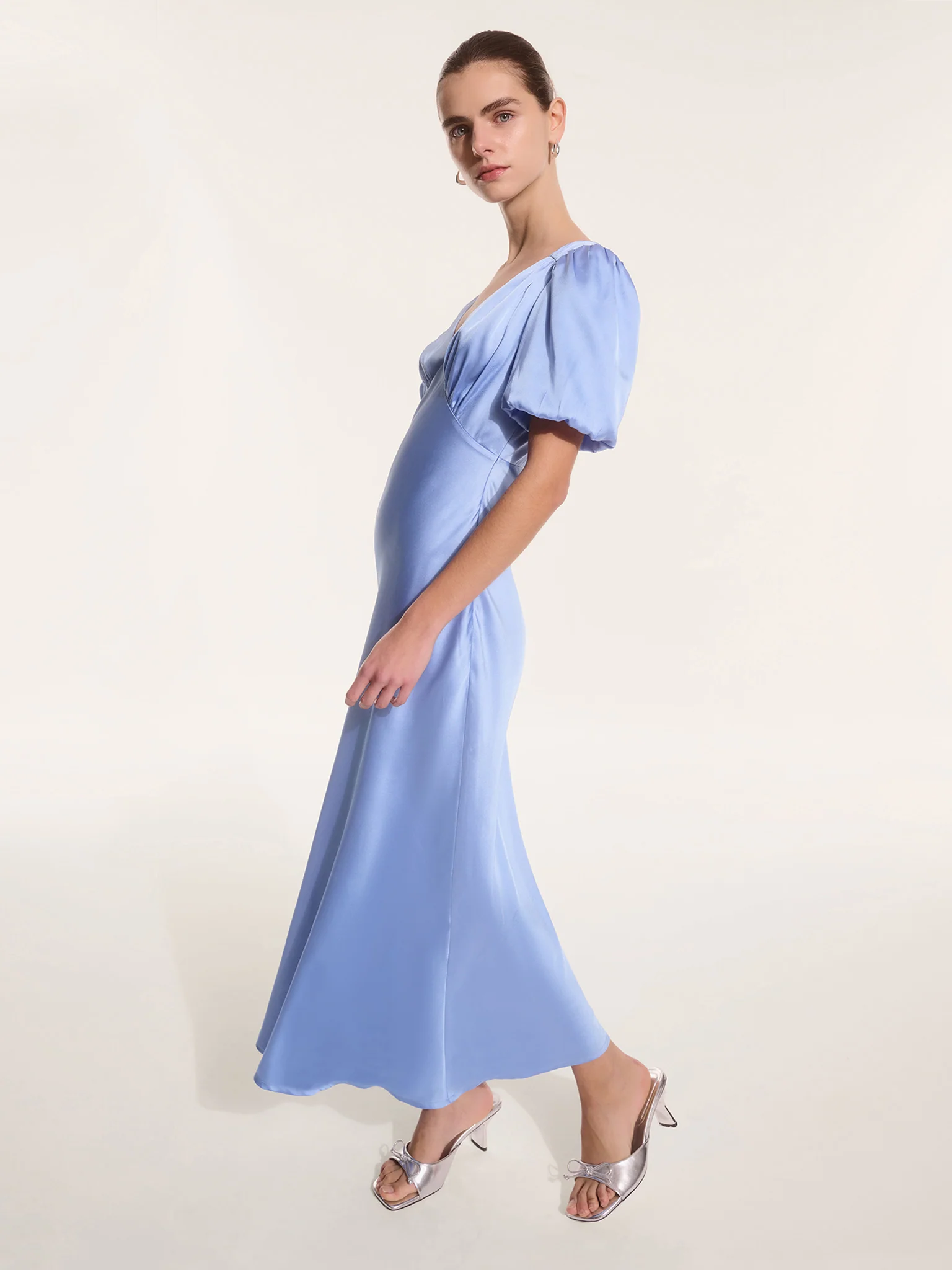 Rosie Ruched Puff Sleeve Dress in Light Blue - Image 4