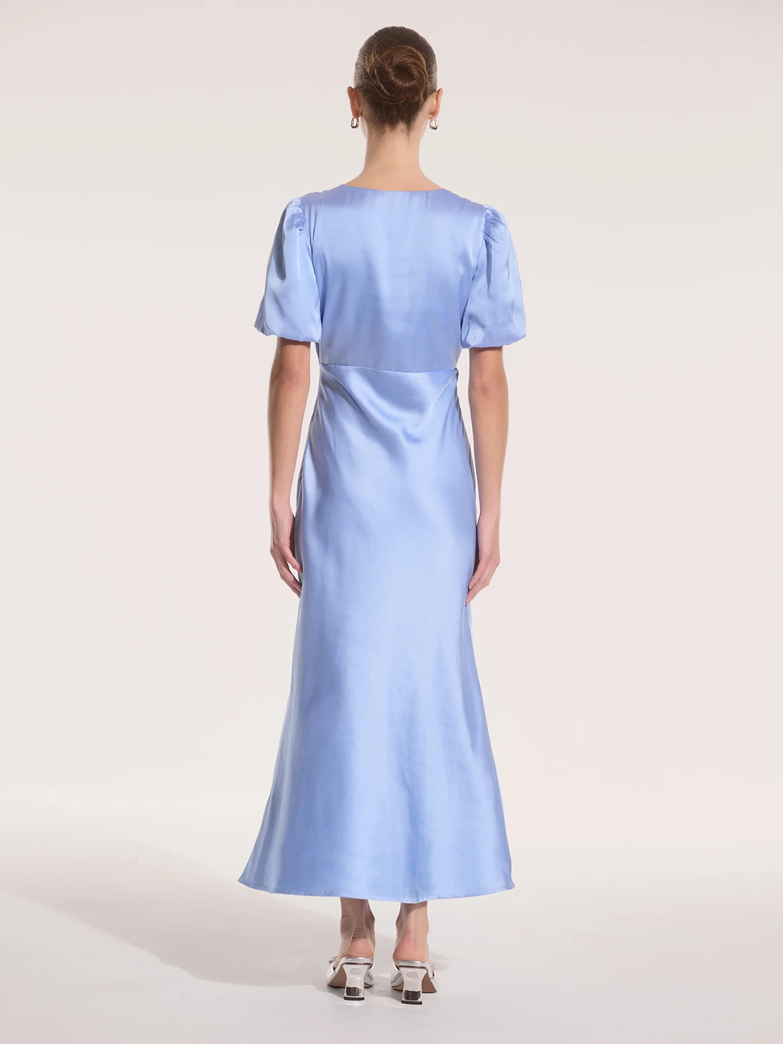Rosie Ruched Puff Sleeve Dress in Light Blue - Image 5
