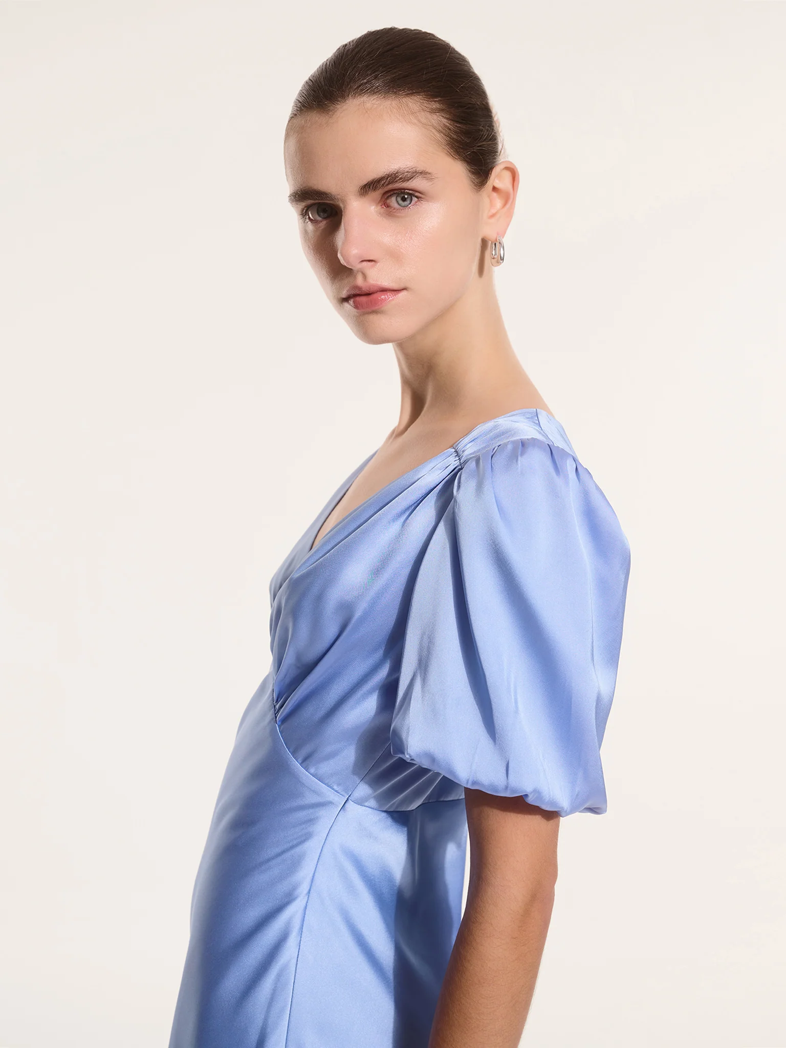 Rosie Ruched Puff Sleeve Dress in Light Blue - Image 6