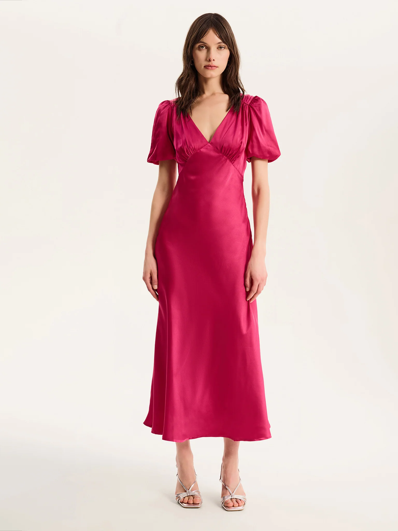 Rosie Ruched Puff Sleeve Dress in Magenta