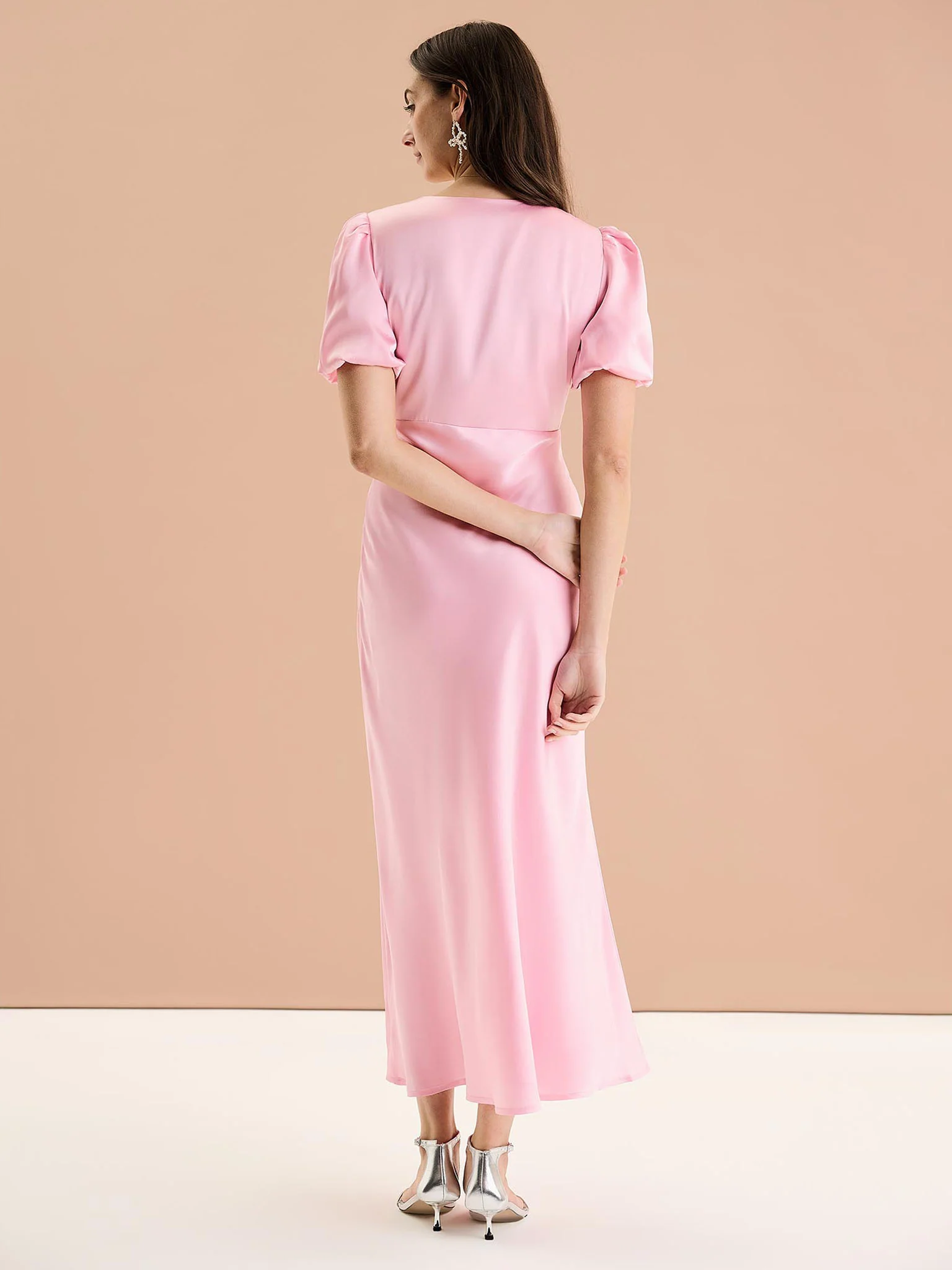 Rosie Ruched Puff Sleeve Dress in Pink - Image 3