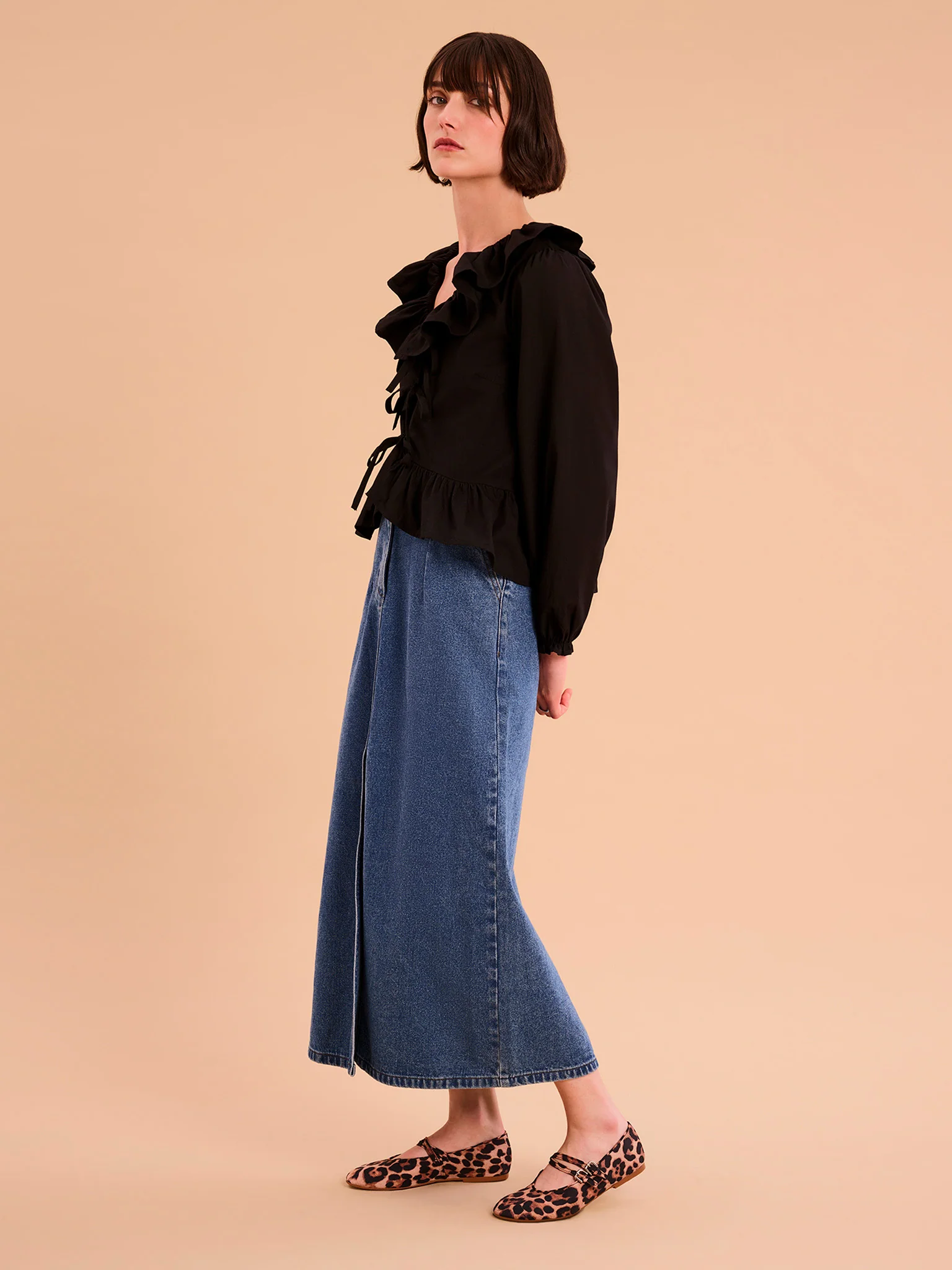 Selena Frill Blouse in Black - Image 2