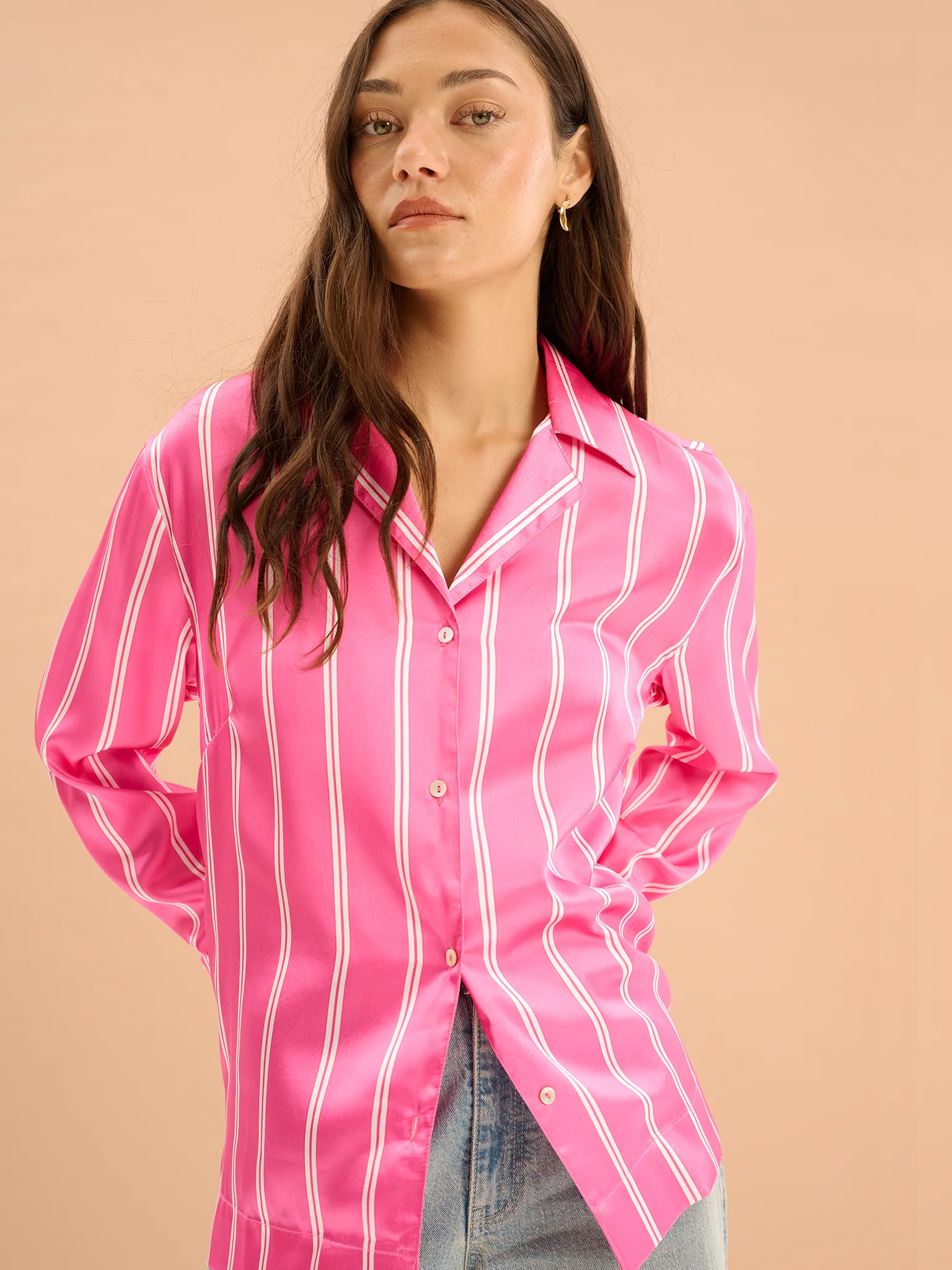 Shield Cerise Stripe Satin Boxy Shirt - Image 4