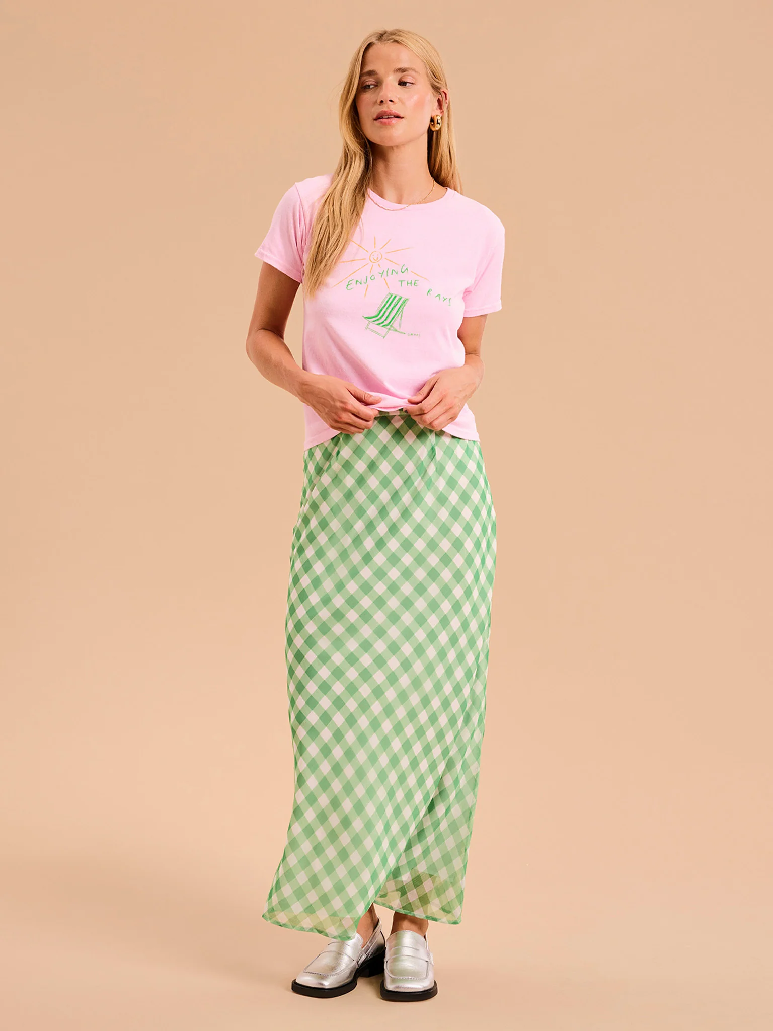 Tabitha Maxi Skirt in Cream and Green Check