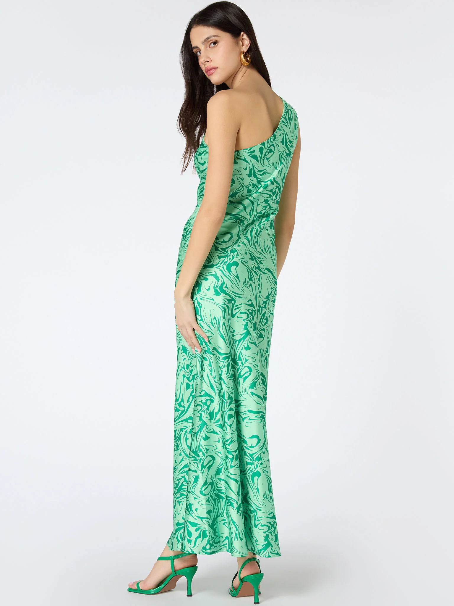 Uma One Shoulder Dress in Green Marble - Image 2